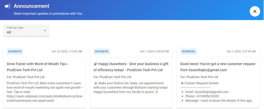 Broadcasts announcements on BizKarm
