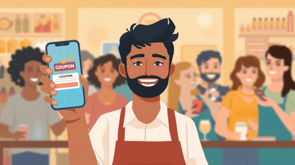 indian small business owner holding a smartphone with a coupon notification on screen, happy customers in background, modern flat illustration, warm tones, simple clean composition