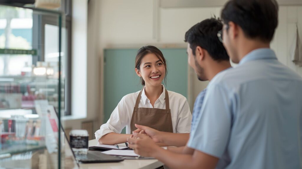 a small business owner confidently chatting with customers a moment of genuine connection, not a transaction
