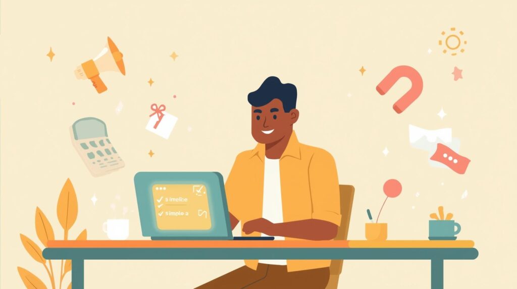 a small business owner sitting at a simple desk over a weekend laptop open coffee cup nearby with a glowing checklist on the screen showing three simple steps