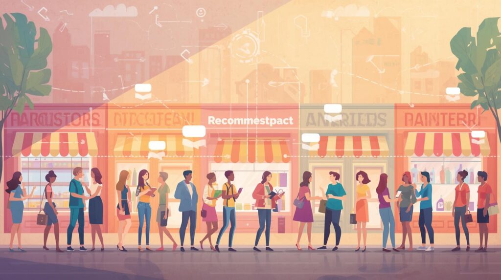 a vibrant local marketplace scene with small business storefronts in the background, people talking and sharing recommendations with each other, arrows or speech bubbles suggesting word of mouth referrals