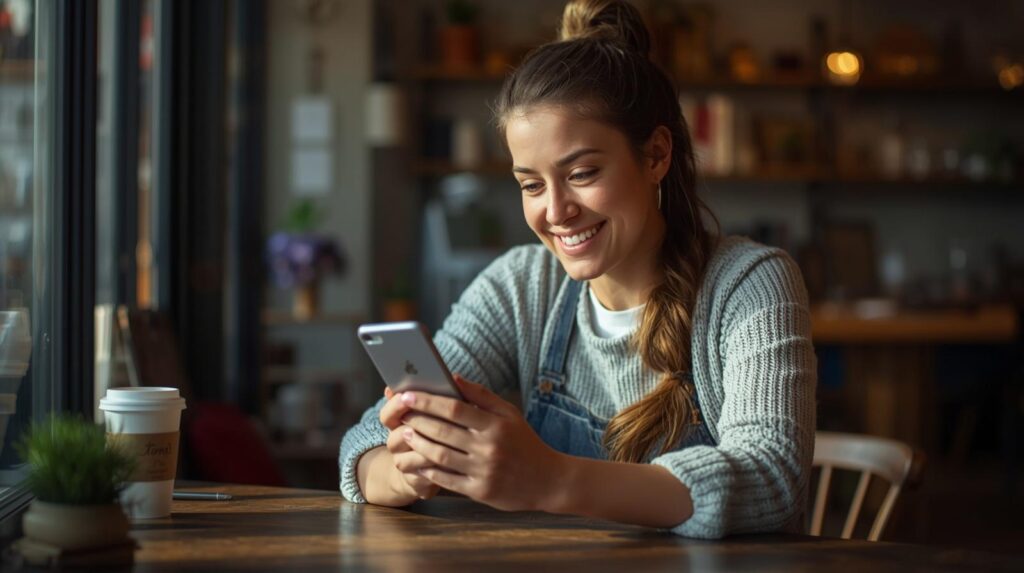 a small business owner sitting at a wooden desk looking at their phone with a slight smile